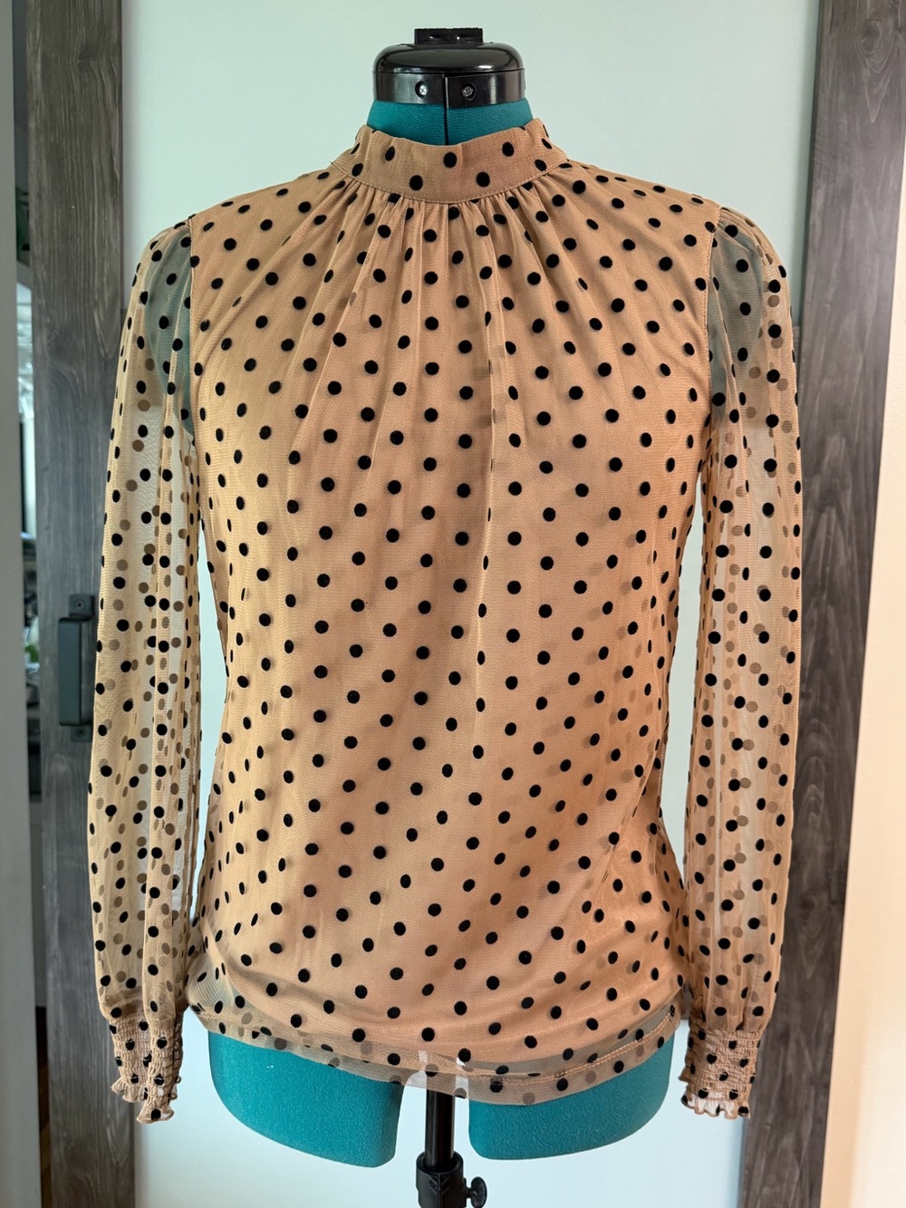 DR2 Sheer Polka Dot High-Neck Blouse in Tan and Black